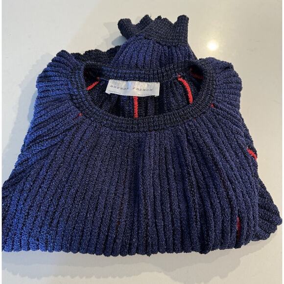 Vintage Brenda French Navy Blue Red Striped Pullover Sweater Artsy Hand Loomed - Picture 4 of 12